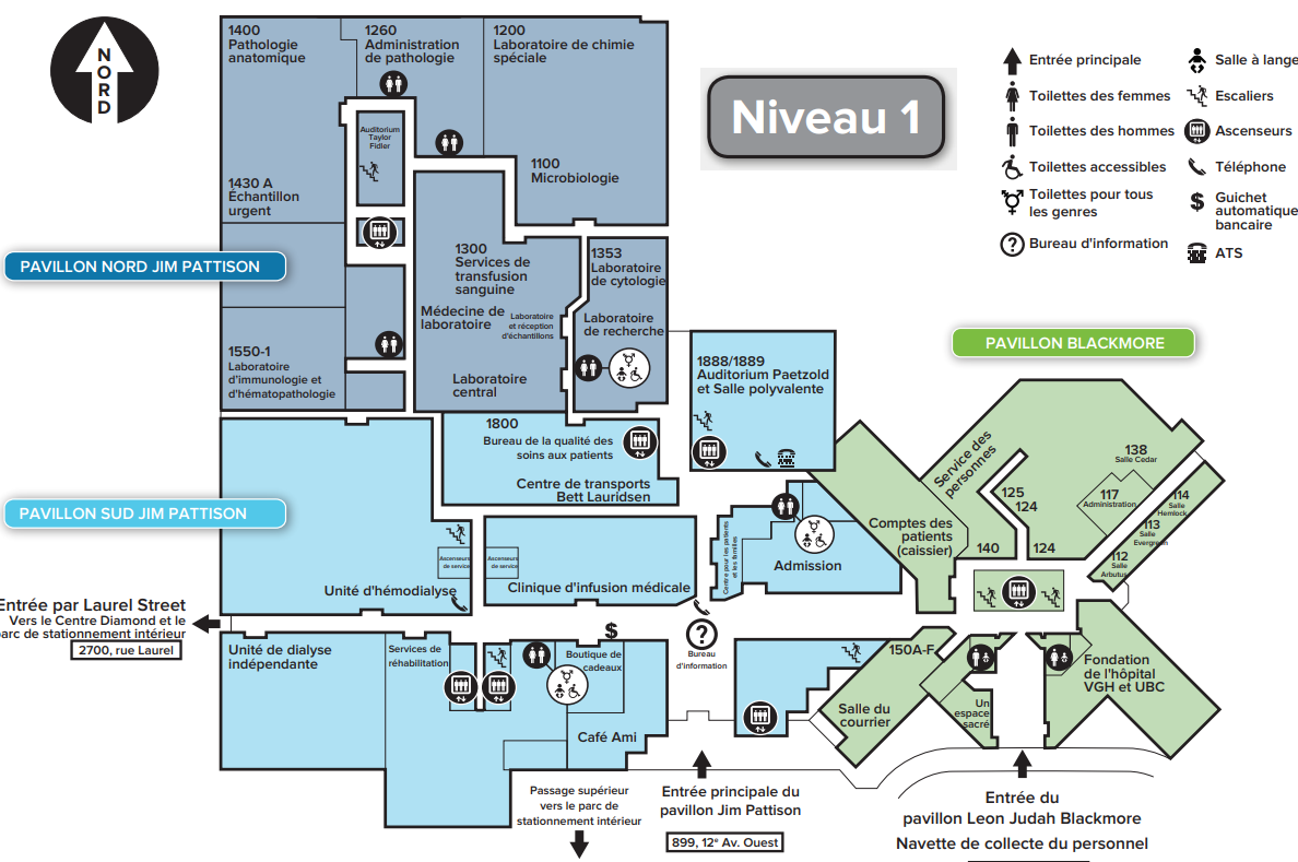 Map of the first floor of the Jim Pattison & Leon Judah Blackmore pavilions at Vancouver General Hospital in French