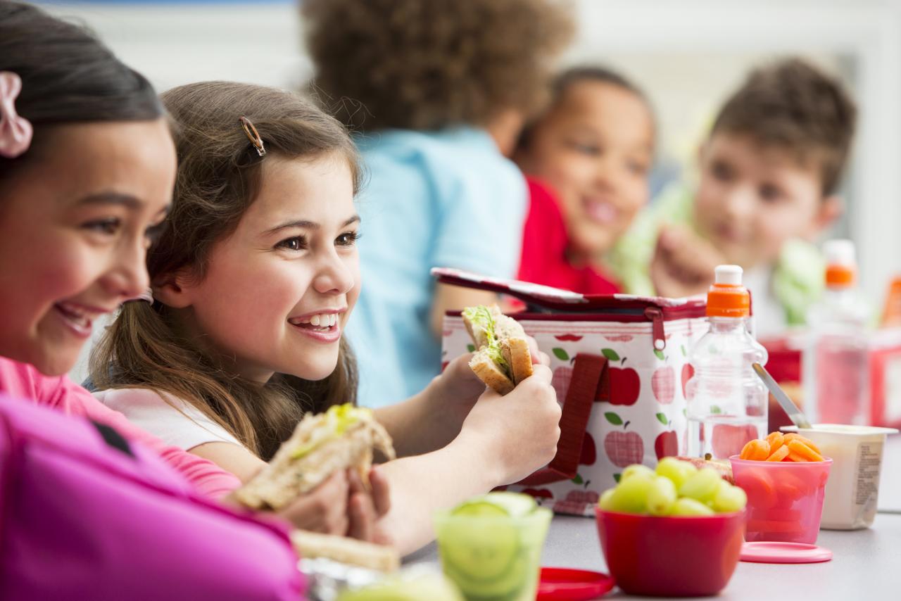 Group of children enjoying their lunch in a school cafeteria