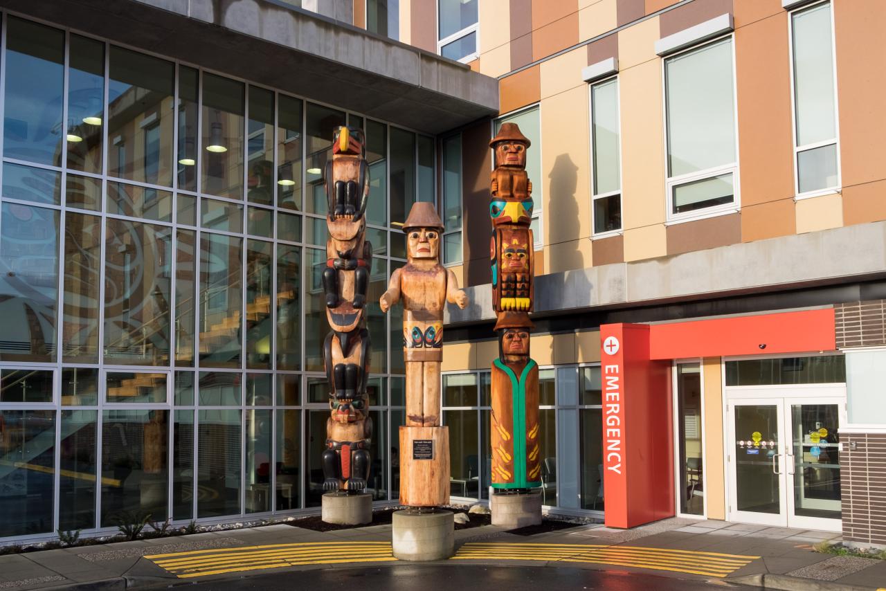 Three totems outside Sechelt Hospital