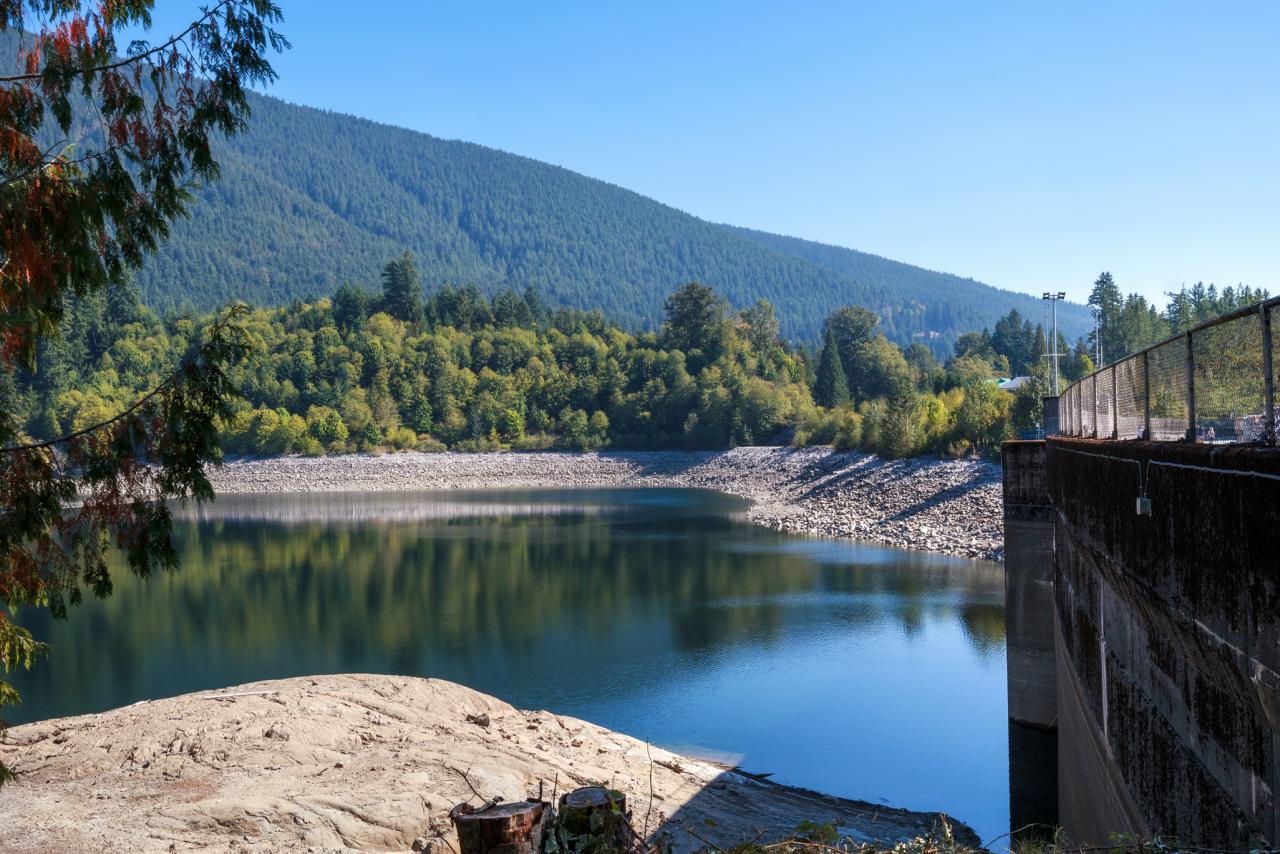 Capilano Reservoir with low water levels