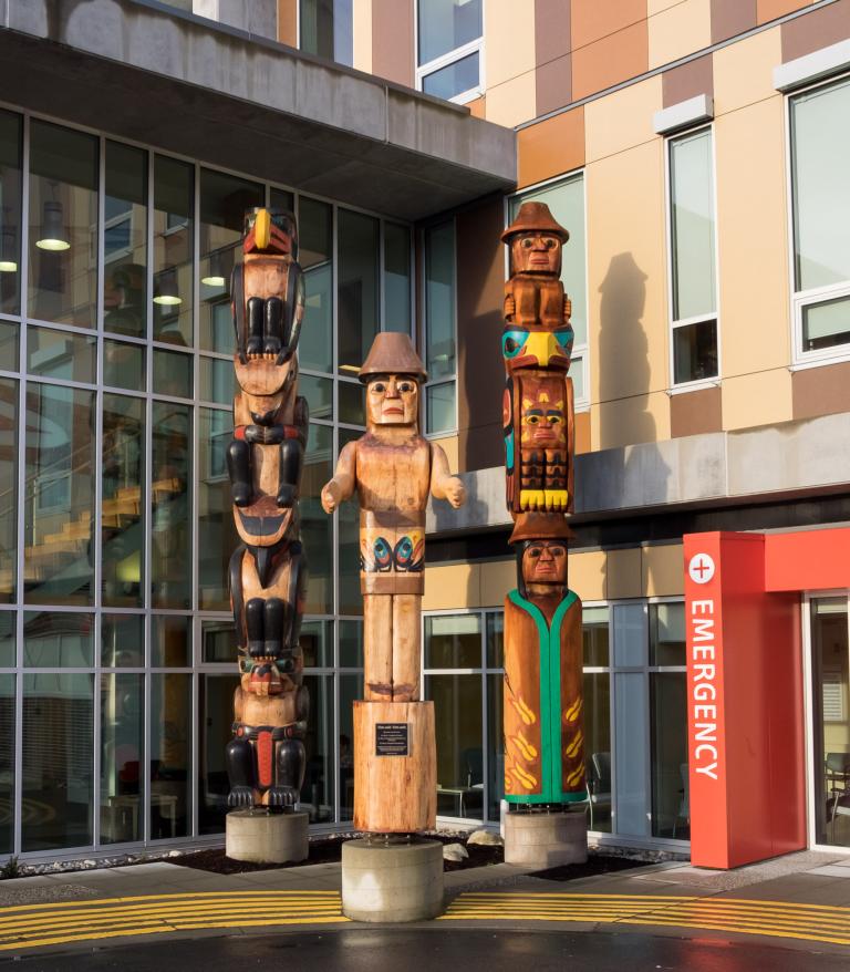 Three totems outside Sechelt Hospital