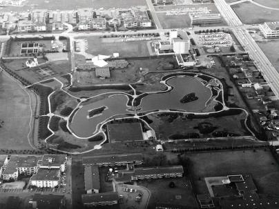 Aerial photograph of Minoru Park, showing lake in centre and Minoru Chapel and Richmond General Hospital in background in 1977