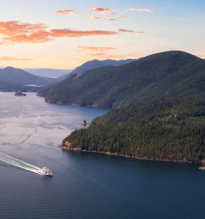 Aerial view of the Ferry traveling between the islands